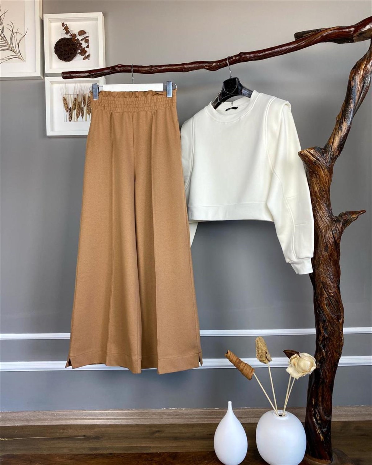 yüksel bel ikişplik kumaş pantolon (camel)