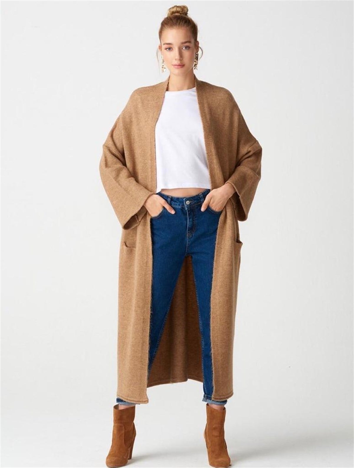 Yumoş Kumaş Kimono Kollu Cepli Uzun Hırka (KARAMEL)