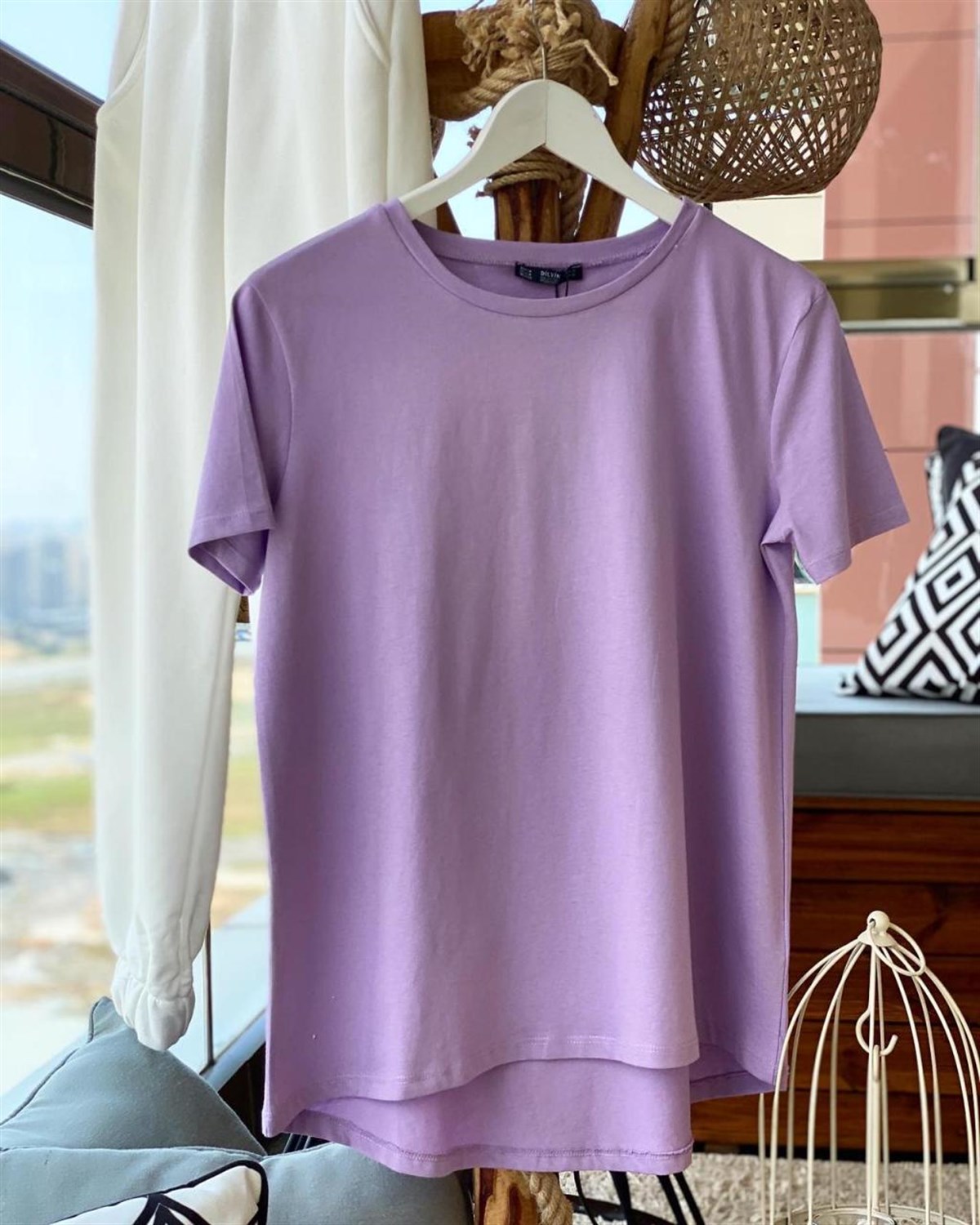 Yuvarlak Yaka Uzun Penye Basic Tshirt  (LİLA)