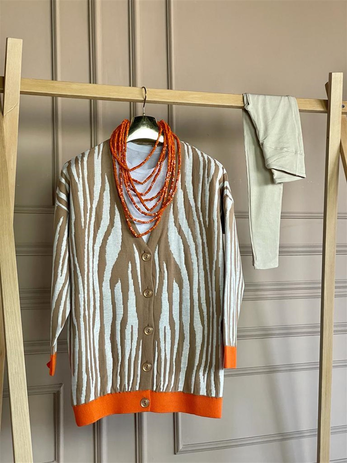 Zebra Desen Oversize Hırka (Camel)
