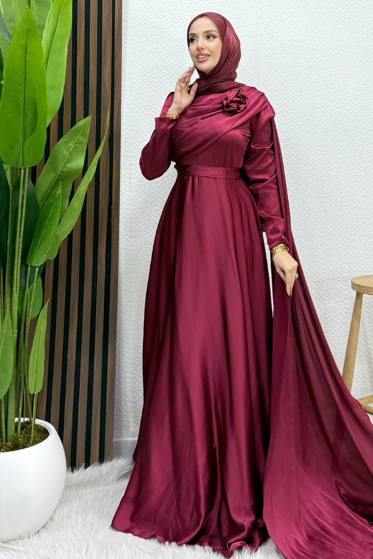 Alaz Saten Gül Abiye Bordo