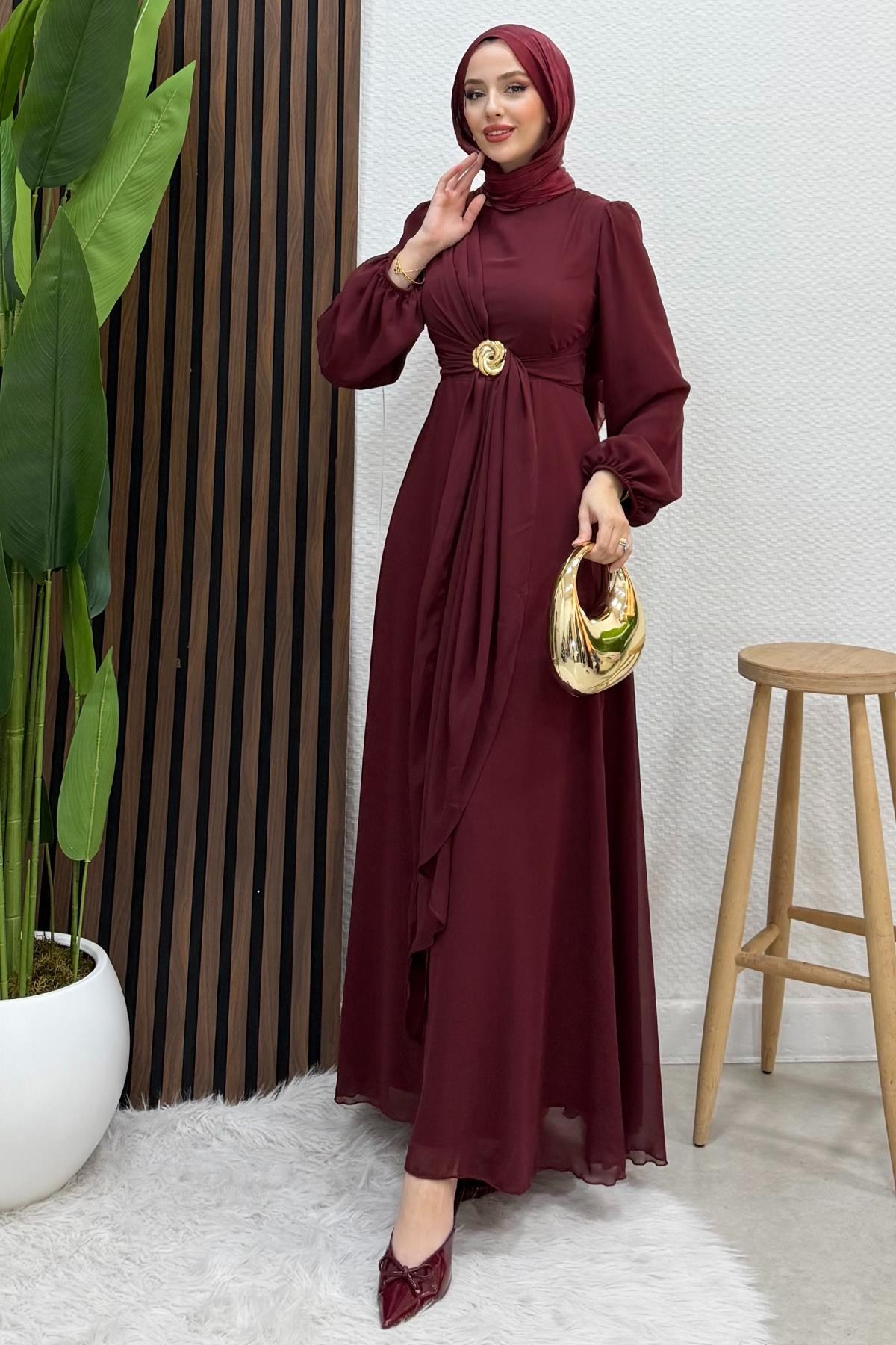 Broş Bağlama Elbise Bordo