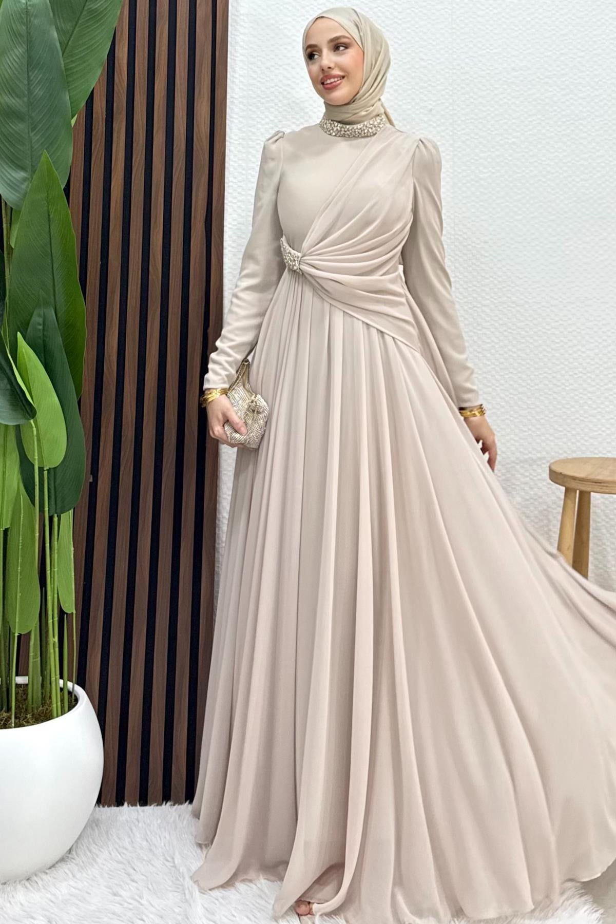 Ferda Taşlı Şifon Abiye Bej