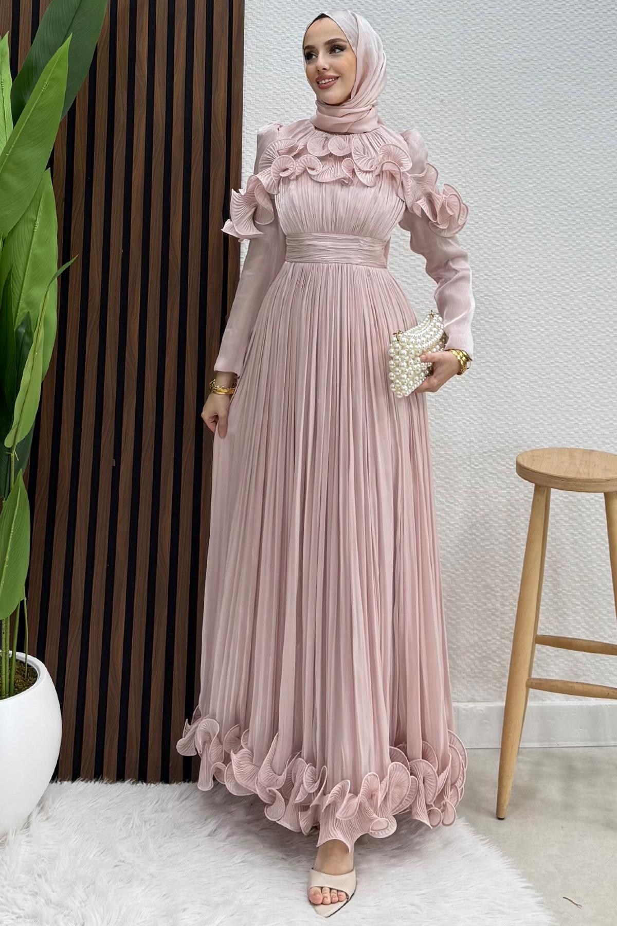 Kabartma Detay Yoryo Abiye Soft Pembe