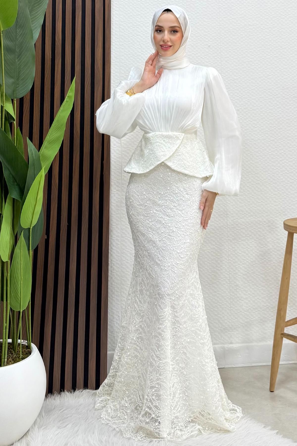 Marcella Dantel İşleme Abiye Beyaz