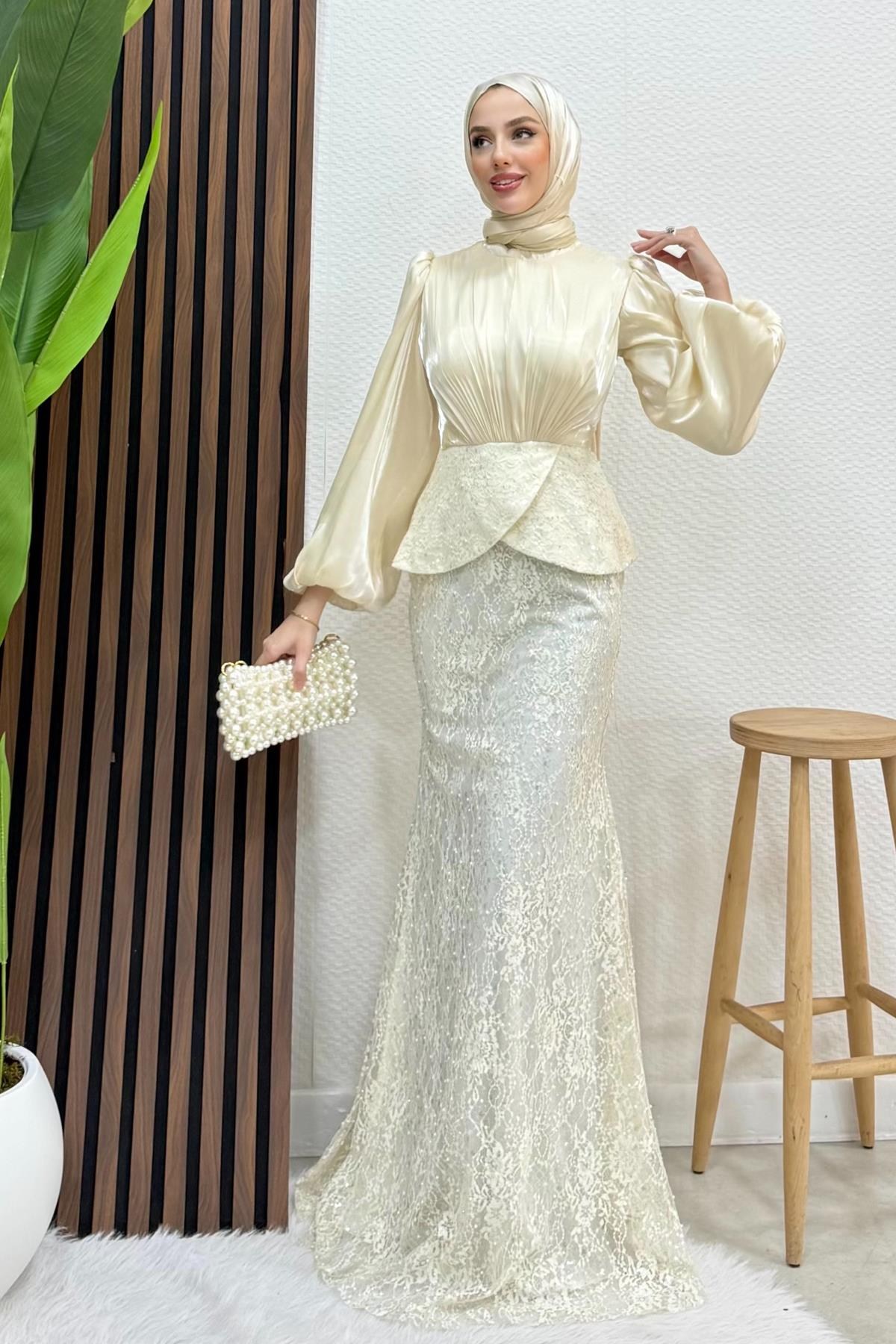 Marcella Dantel İşleme Abiye Krem