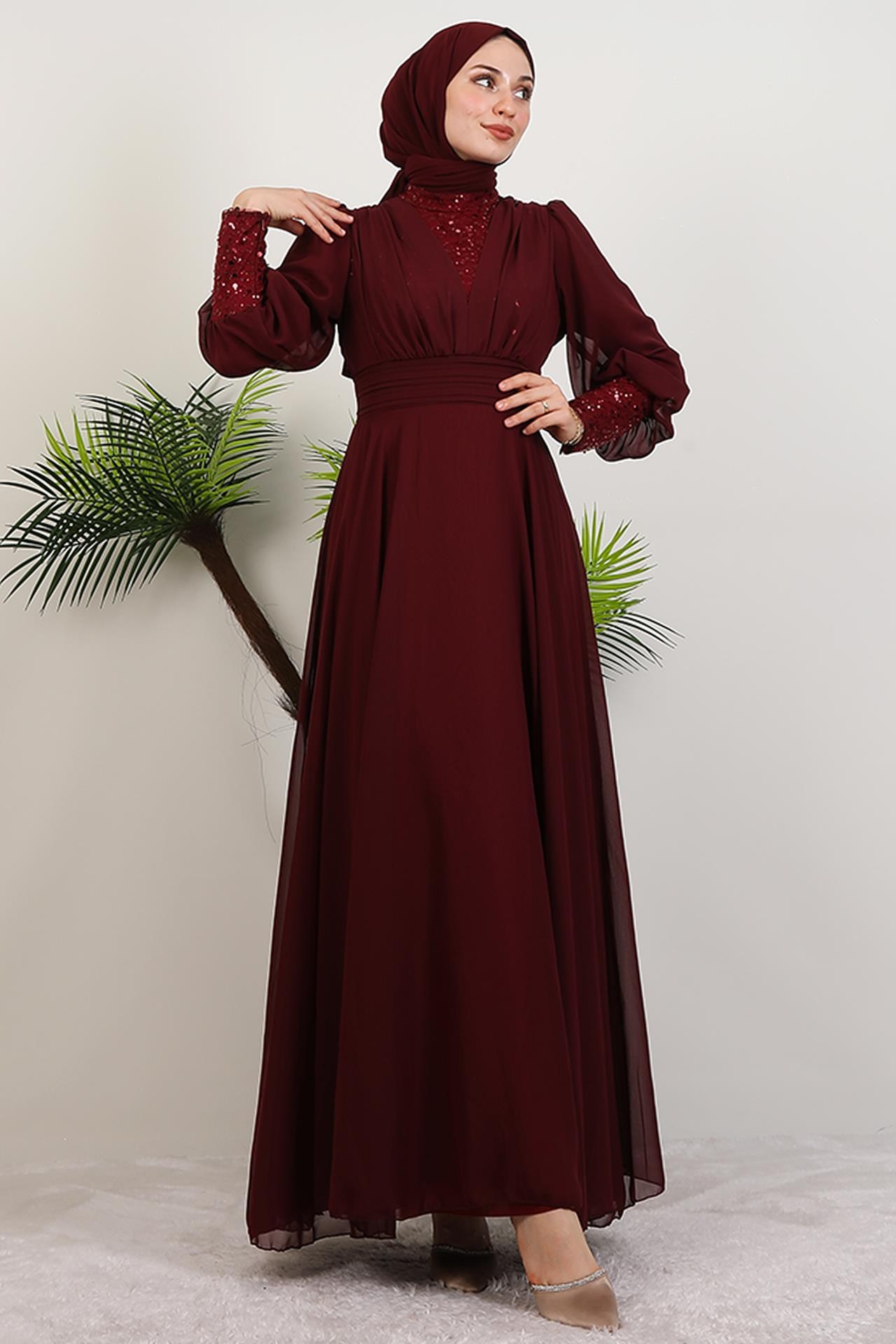 Roza Detay Şifon Elbise Bordo