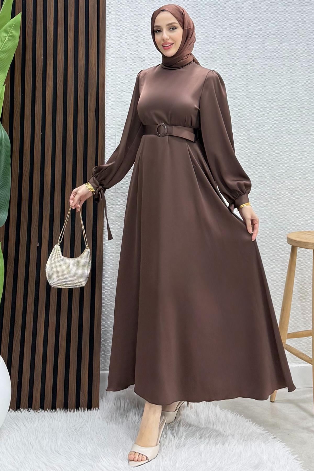 Saten Kemerli Elbise Acı Kahve