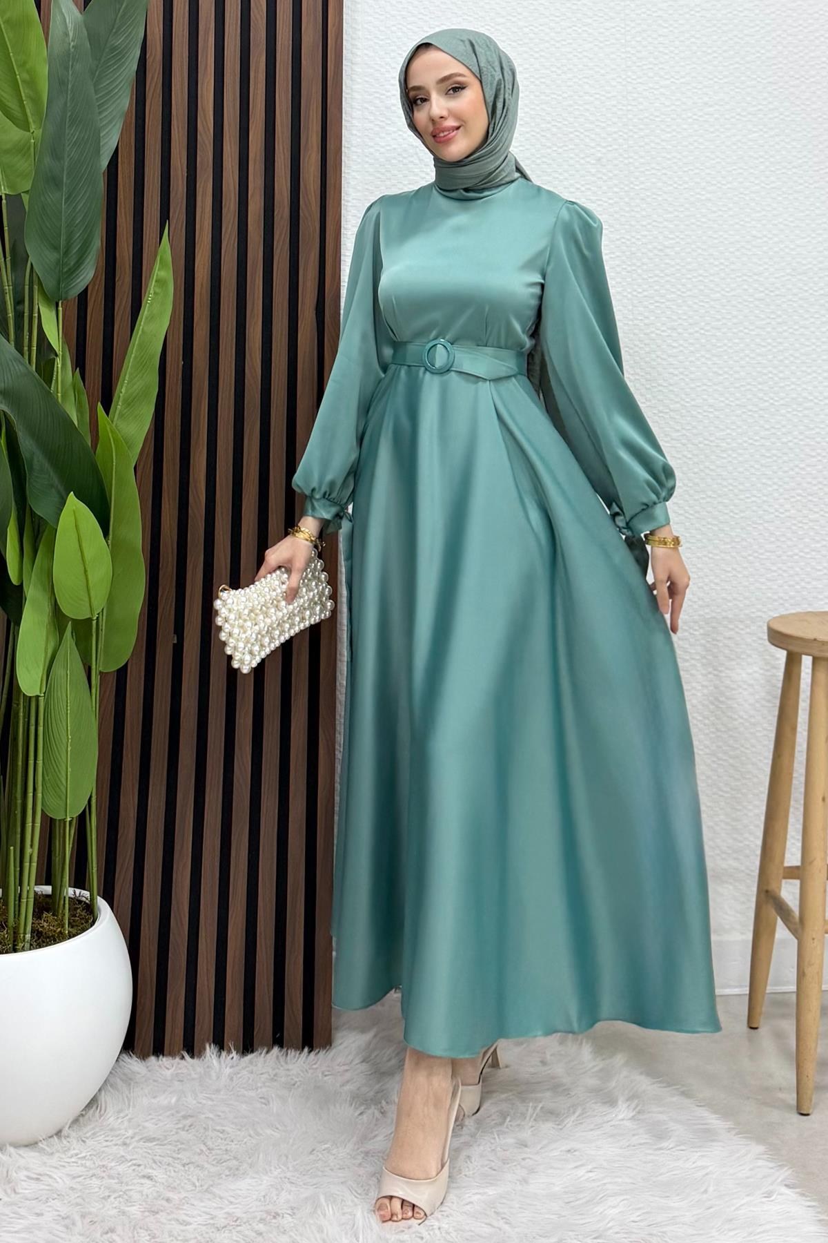 Saten Kemerli Elbise Mint
