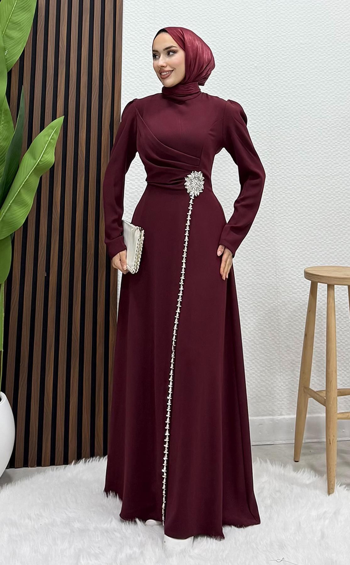 Şerit Taş Krep Abiye Koyu Bordo