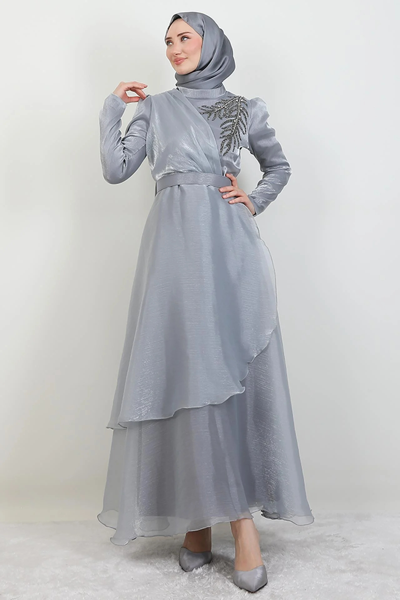 Taşlı Organze Abiye Gri