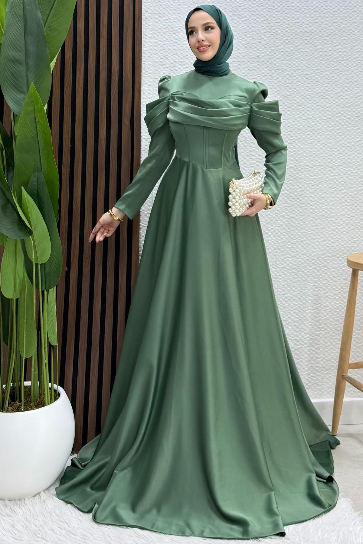 Zelal Saten Abiye Soft Yeşil