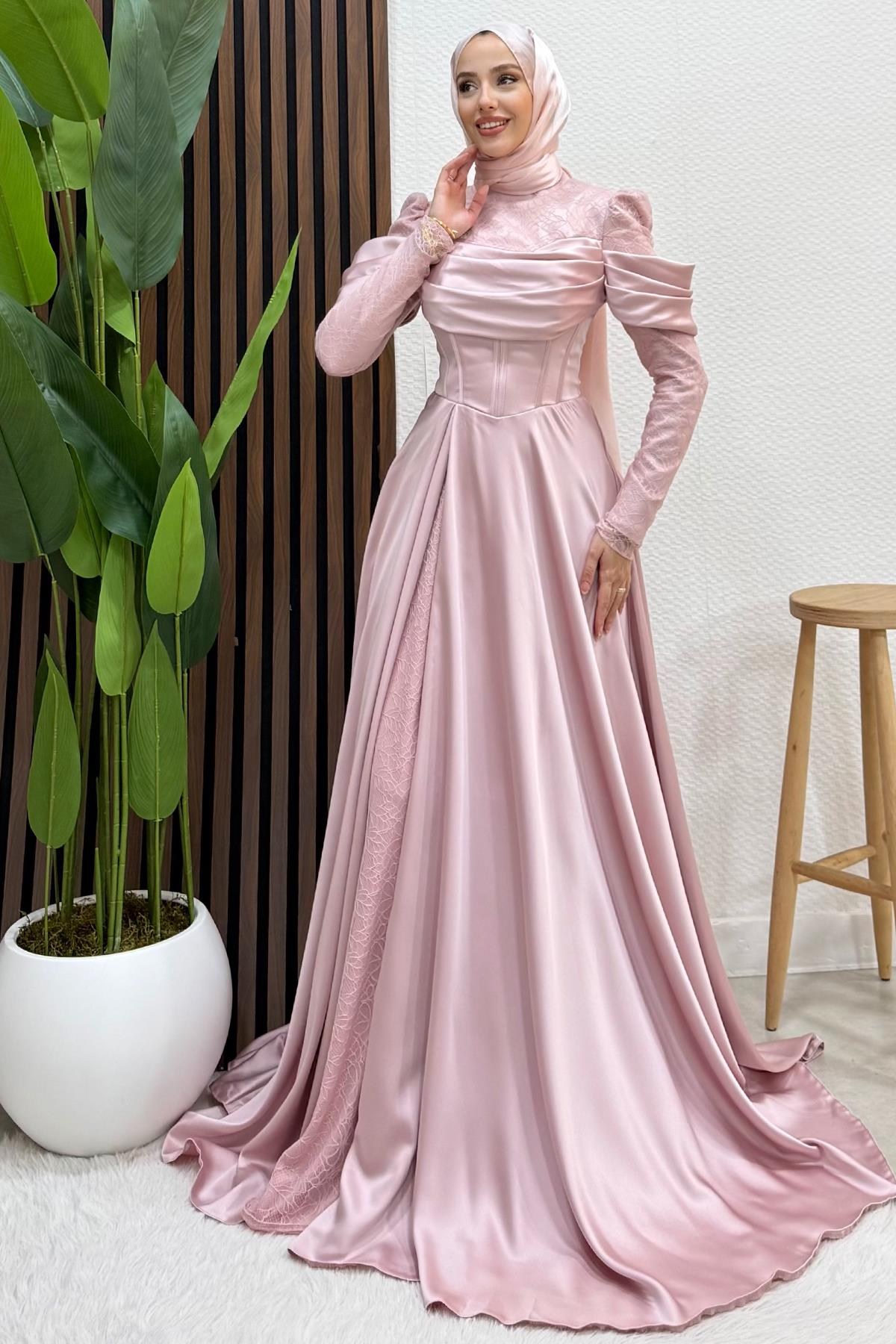 Zelin Saten Abiye Soft Pembe