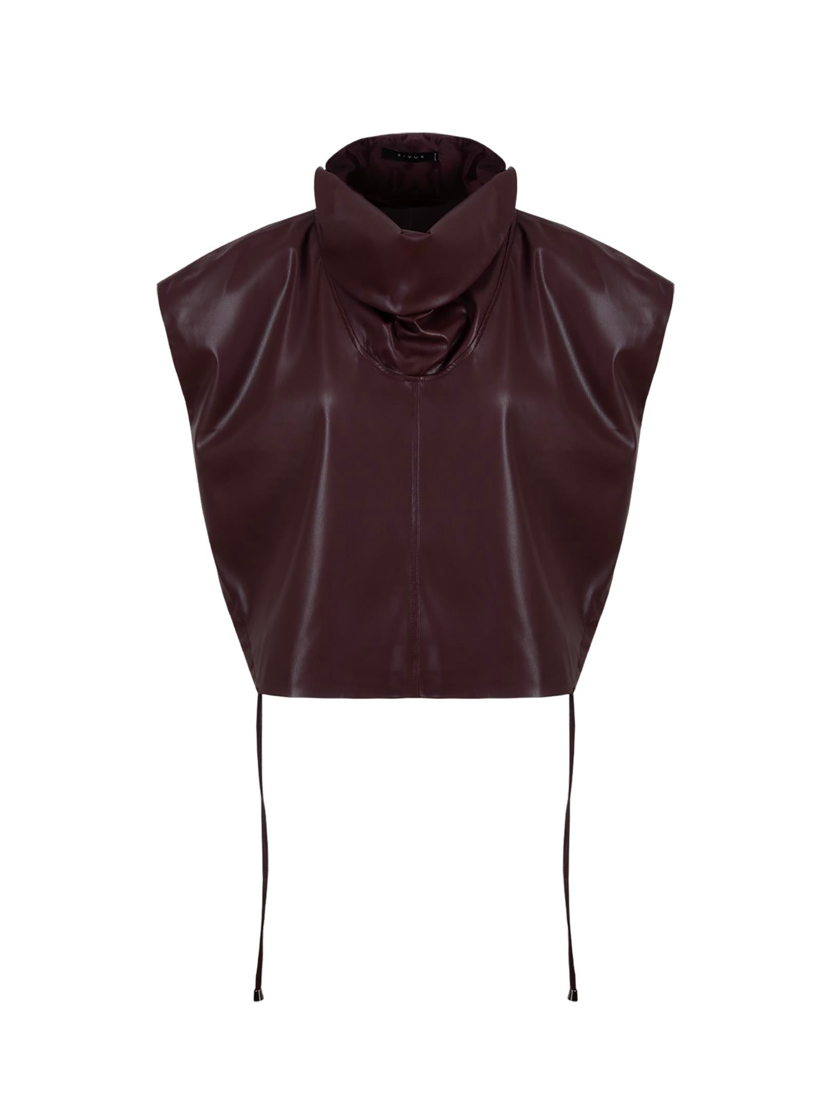 23FW109002 BOĞAZLI KOLSUZ BAĞCIK DETAYLI DÖKÜMLÜ DERİ BLUZ Vegan Deri Body & Bluz Modelleri