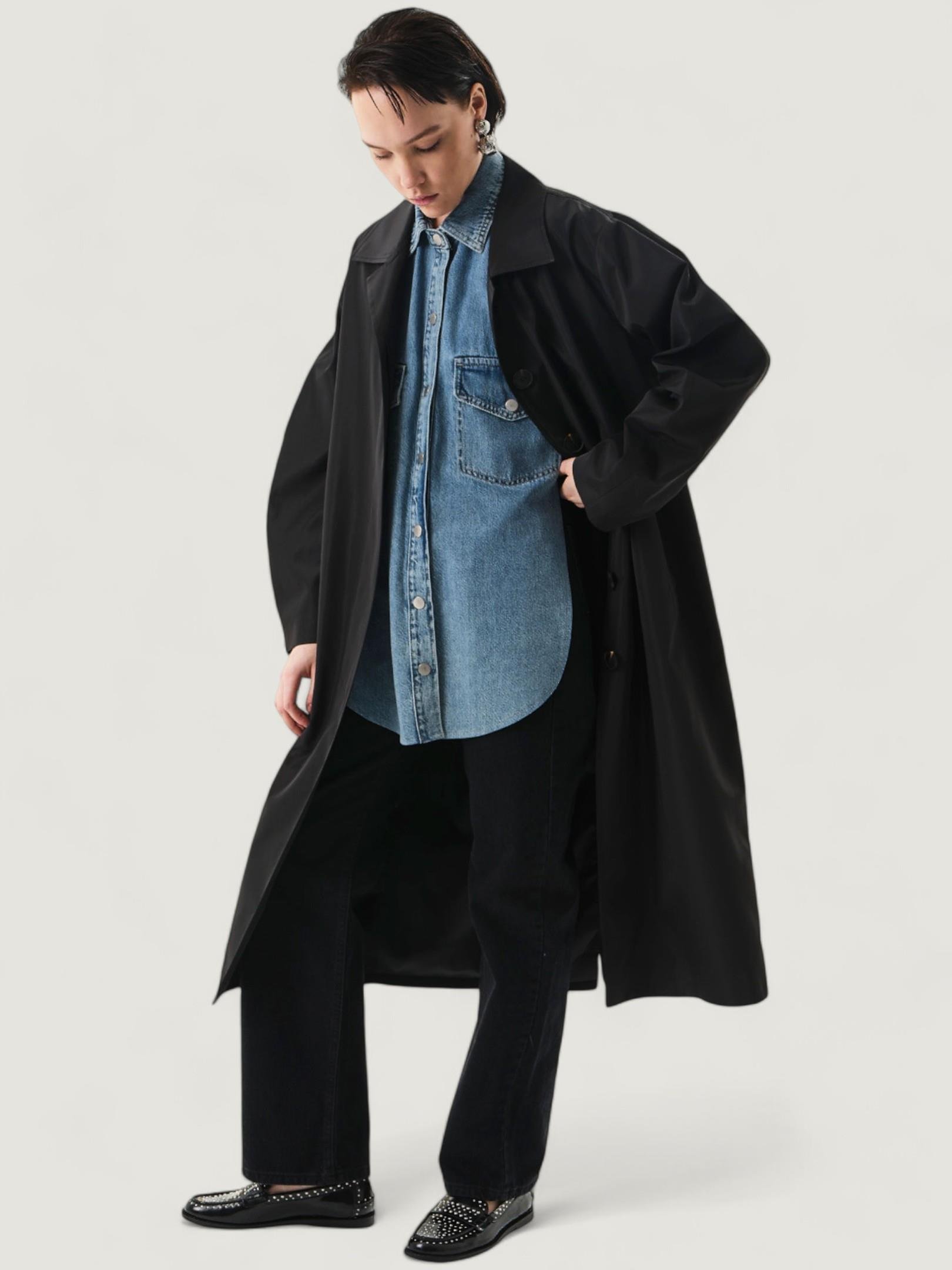 24FW116001 DÜĞMELİ CEP DETAYLI UZUN BOL KESİM  TRENÇKOT Kategorisiz Modelleri