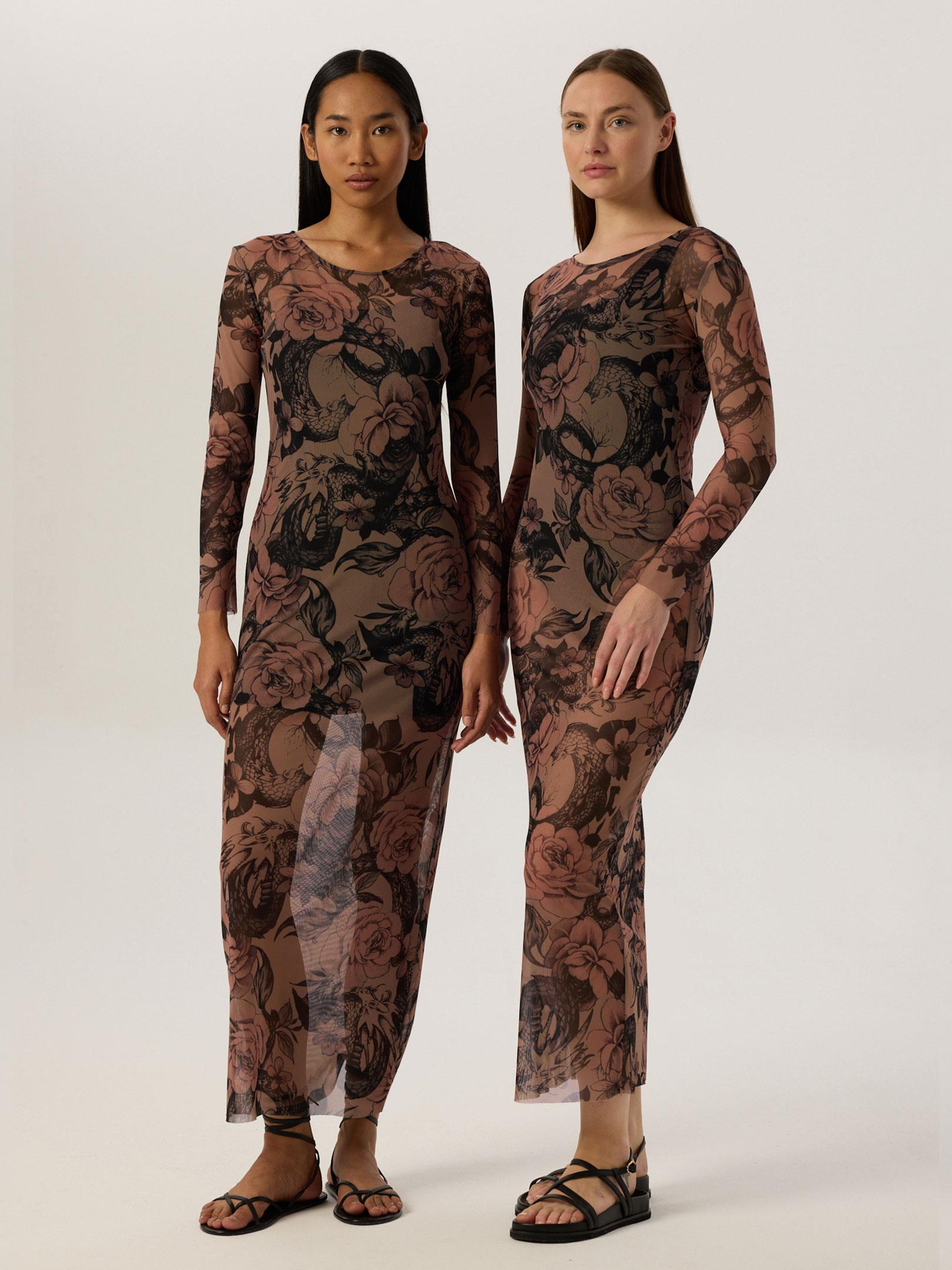 24SS111009 GENİŞ BİSİKLET YAKA RAHAT KESİM DESENLİ ELBİSE Kategorisiz Modelleri