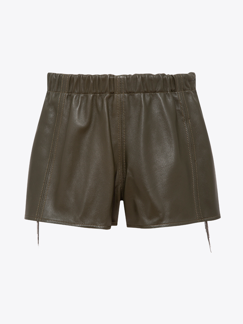 Aksesuar Detaylı Beli Lastikli Mini Deri Şort - Yeşil