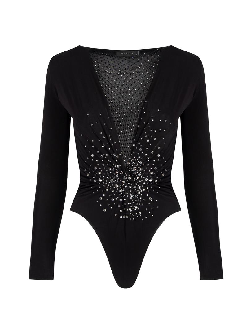 Alttan Çıtçıtlı Uzun Kollu Kristal Taşlı İkonik Body - Siyah