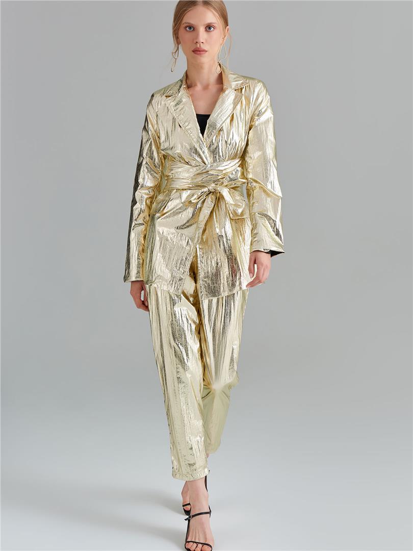 ARGEMON Glitter Paraşüt Kumaş Bağlamalı Vatkalı Blazer Ceket - Gold