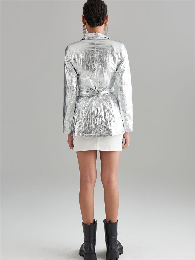 ARGEMON Glitter Paraşüt Kumaş Bağlamalı Vatkalı Blazer Ceket - Silver