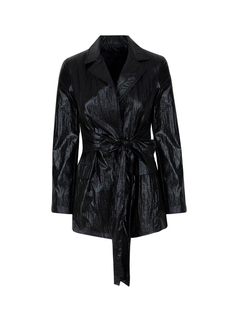 ARGEMON Glitter Paraşüt Kumaş Bağlamalı Vatkalı Blazer Ceket - Siyah