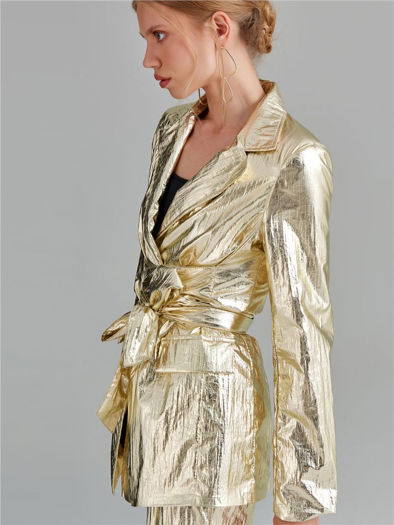 ARGEMON Glitter Paraşüt Kumaş Bağlamalı Vatkalı Blazer Ceket - Gold