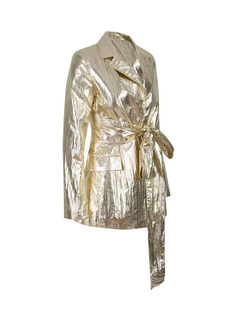 ARGEMON Glitter Paraşüt Kumaş Bağlamalı Vatkalı Blazer Ceket - Gold