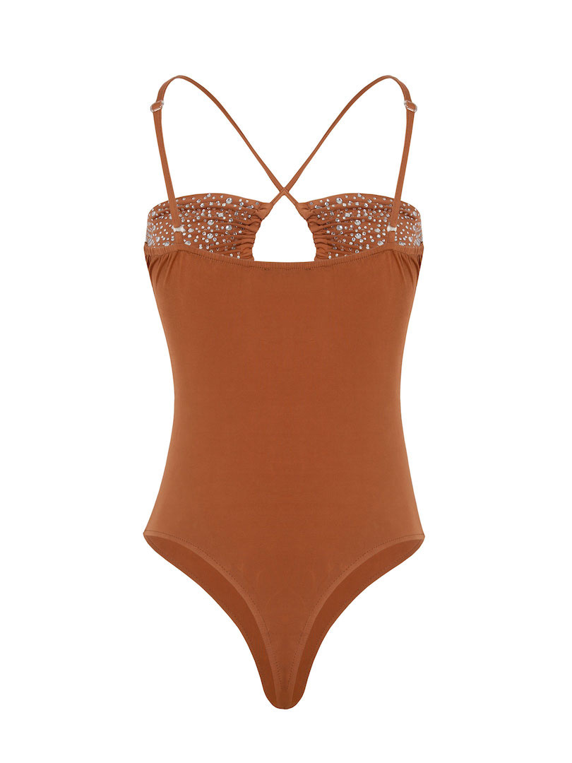 Askı Detaylı Drapeli Kristal Taşlı Body - Taba