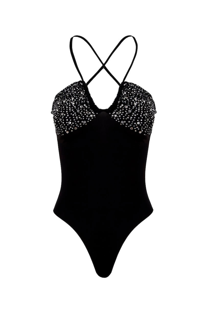 Askı Detaylı Drapeli Kristal Taşlı Body - Siyah