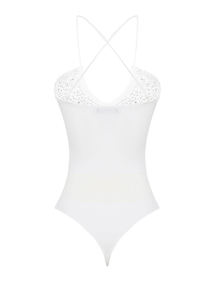 Askı Detaylı Drapeli Kristal Taşlı Body - Ekru