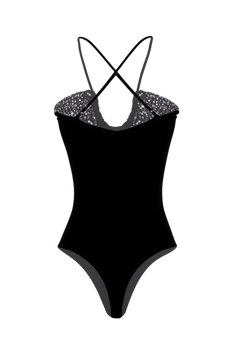 Askı Detaylı Drapeli Kristal Taşlı Body - Siyah