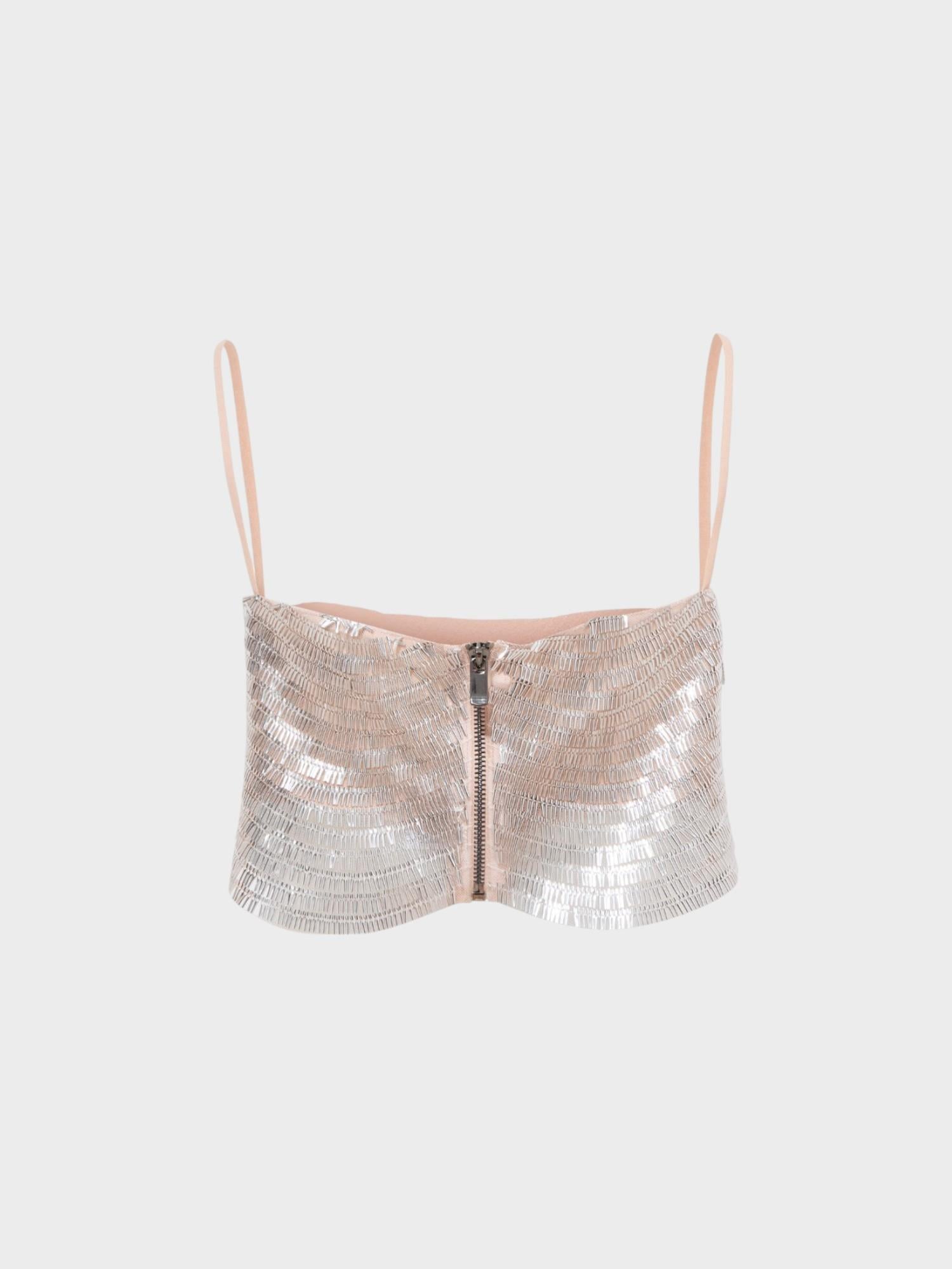 Askılı Boru Pullu Kısa Crop Şık Bluz - Gümüş Bluz Modelleri