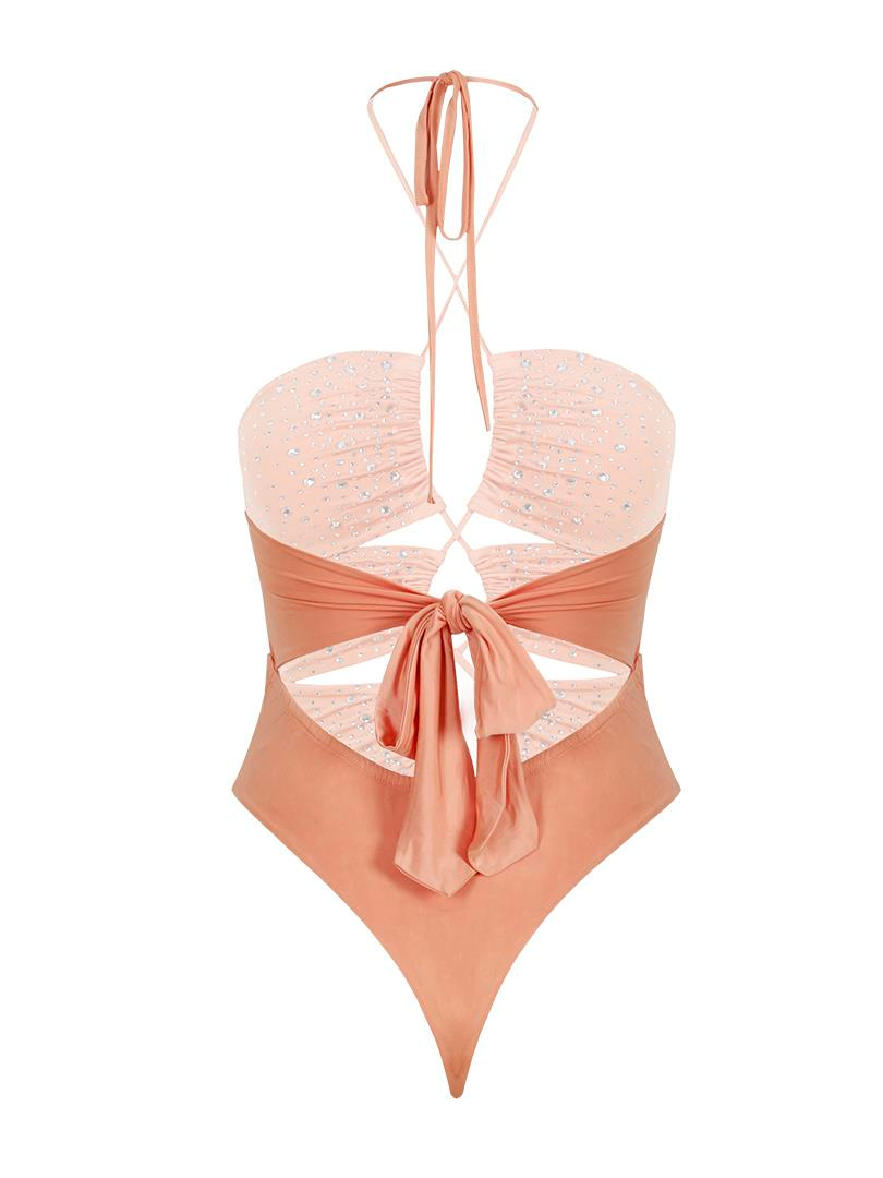 Askılı Dekolteli Kristal Taşlı Body - Oranj