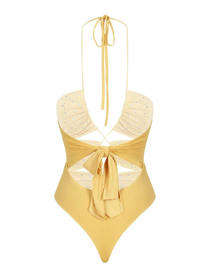 Askılı Dekolteli Kristal Taşlı Body - Sarı