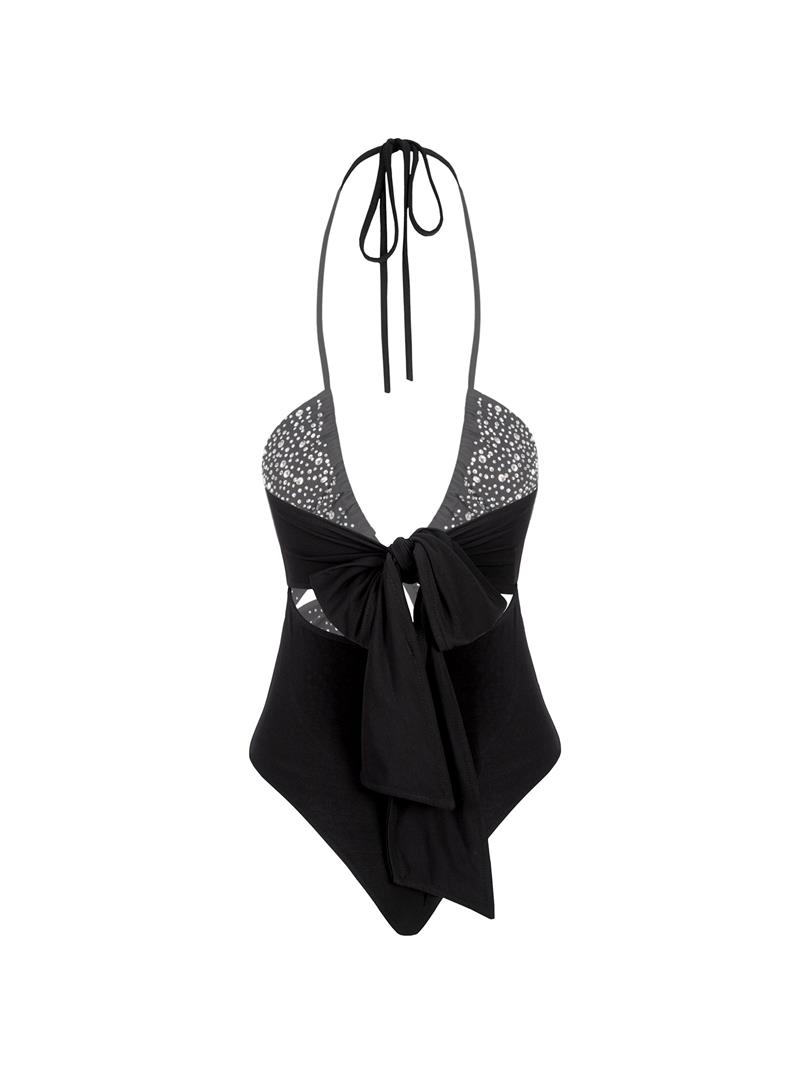 Askılı Dekolteli Kristal Taşlı Body - Siyah