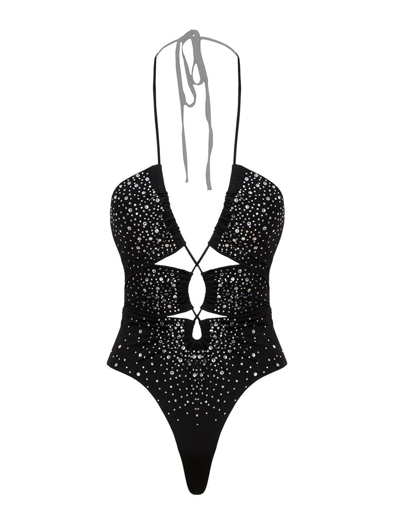 Askılı Dekolteli Kristal Taşlı Body - Siyah