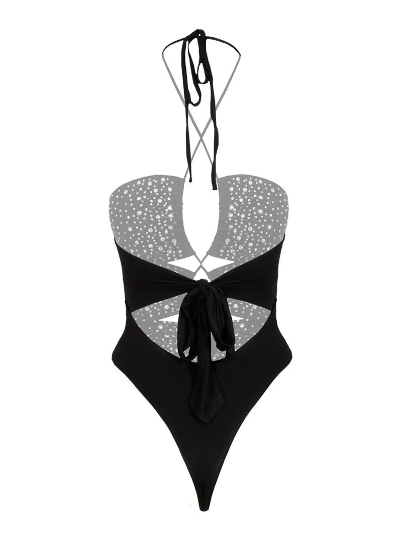 Askılı Dekolteli Kristal Taşlı Body - Siyah