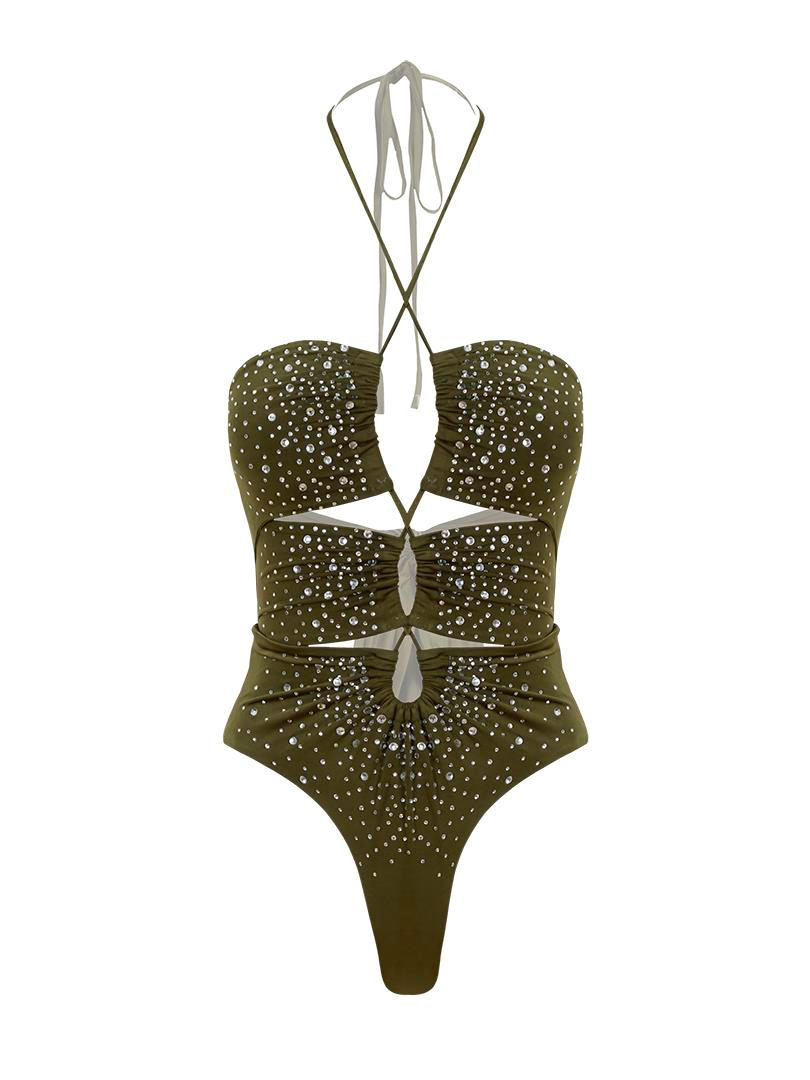 Askılı Dekolteli Kristal Taşlı Body - Yeşil