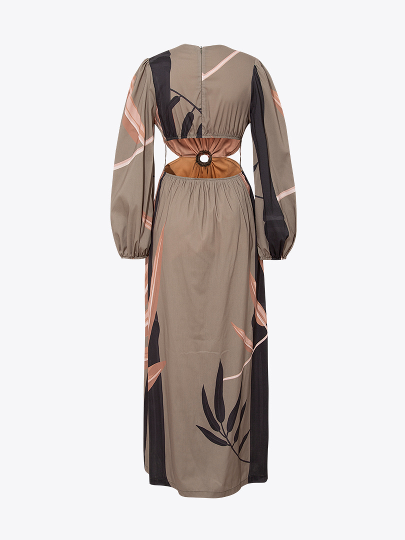 Bambu Desen Cut Out Elbise - Haki Desenli