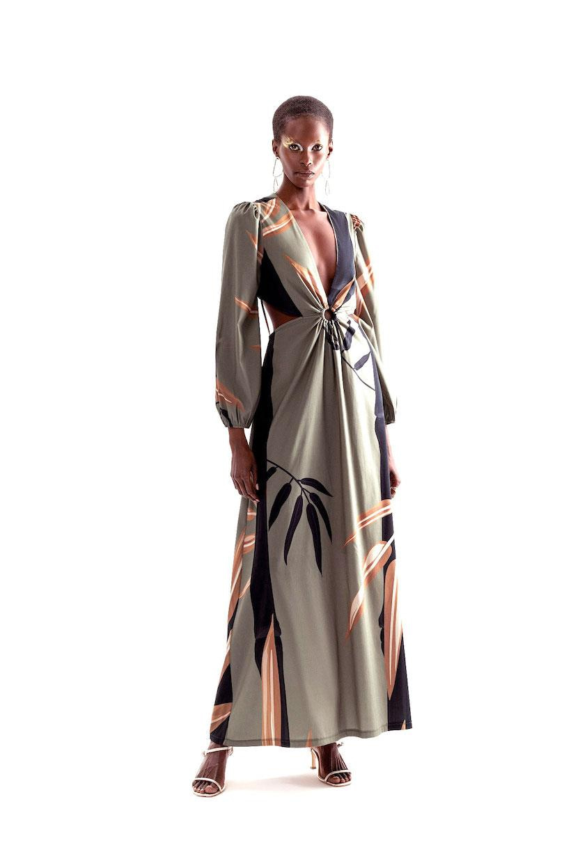 Bambu Desen Cut Out Elbise - Haki Desenli