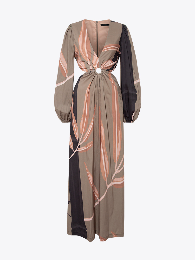 Bambu Desen Cut Out Elbise - Haki Desenli