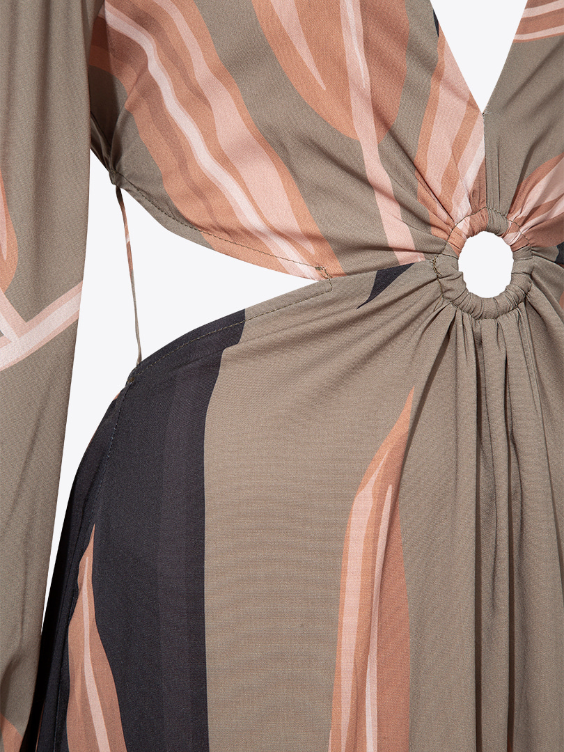 Bambu Desen Cut Out Elbise - Haki Desenli