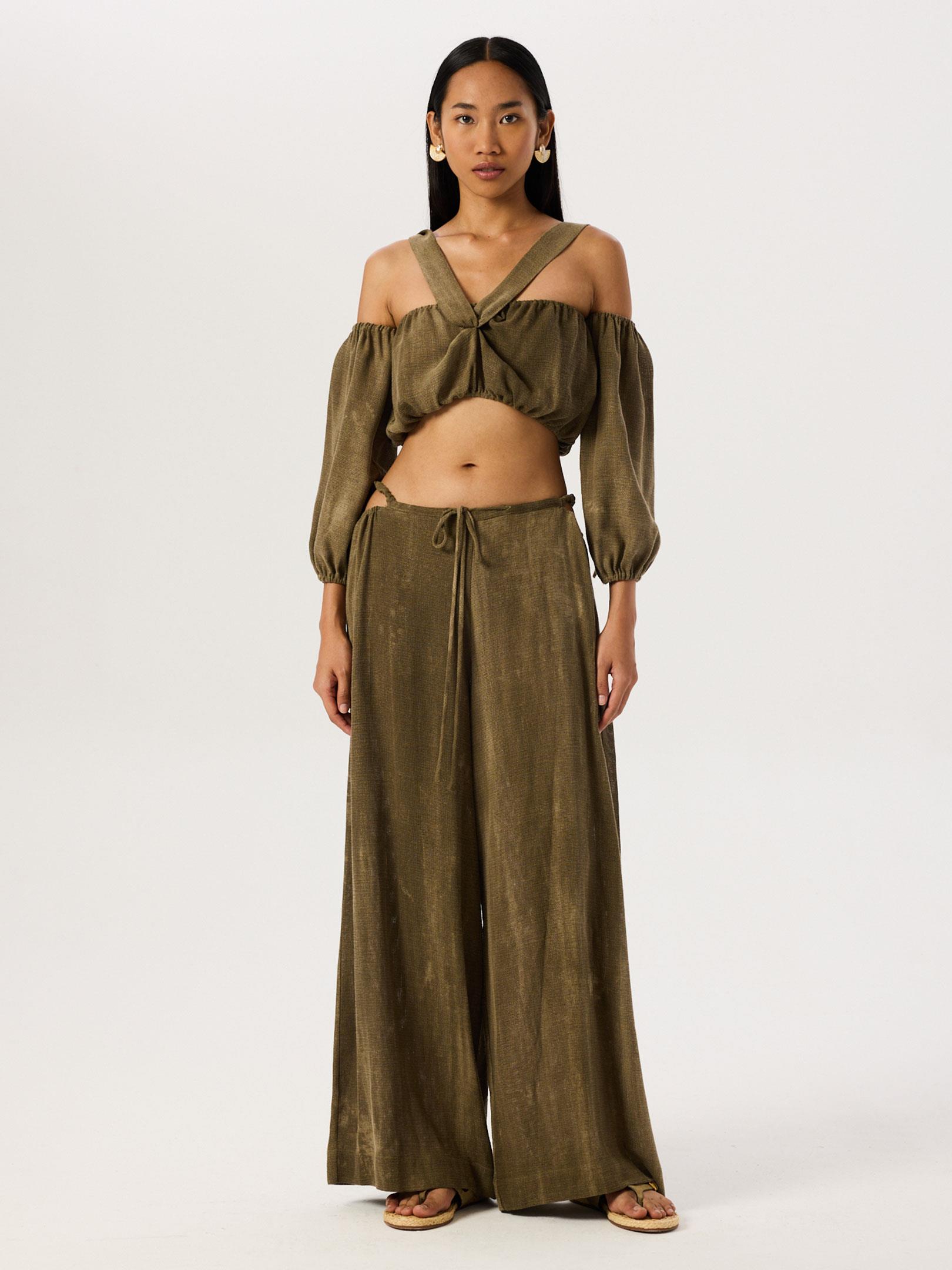 Batik Yıkama Düşük Omuzlu Fonksiyonel Bağlamalı Crop Bluz - Haki Bluz Modelleri
