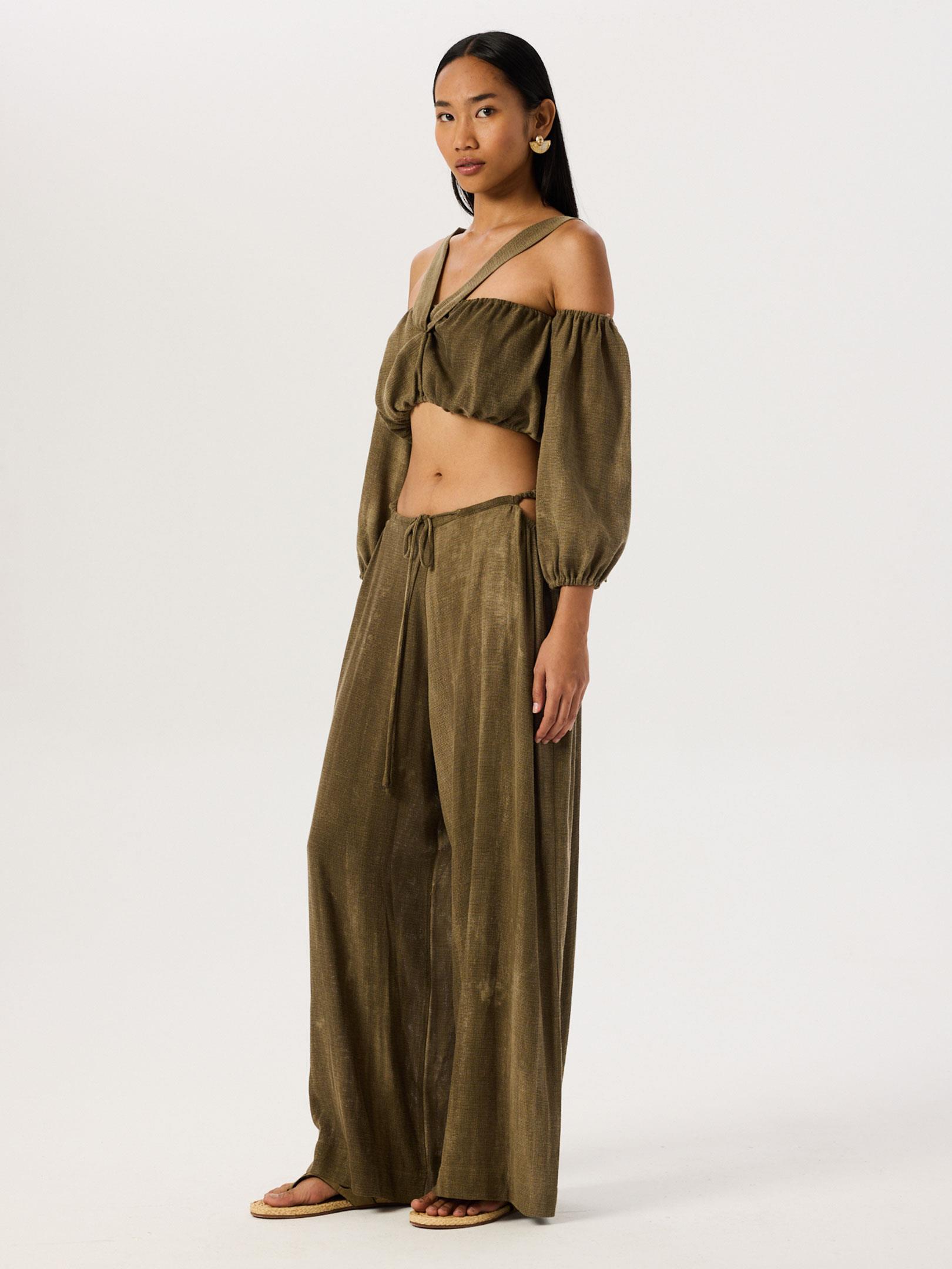 Batik Yıkama Düşük Omuzlu Fonksiyonel Bağlamalı Crop Bluz - Haki Bluz Modelleri