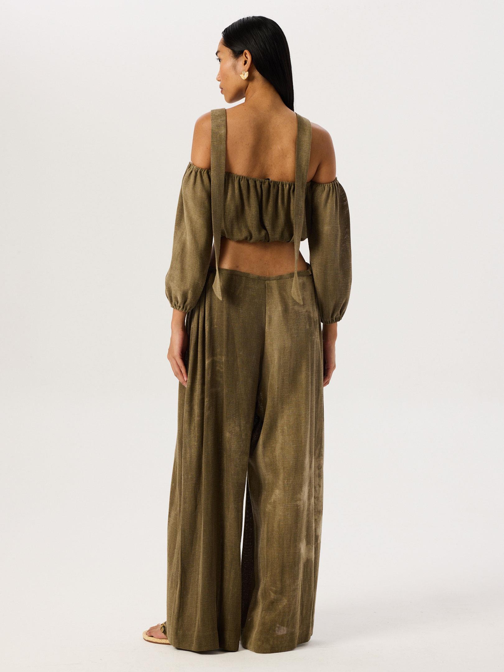 Batik Yıkama Düşük Omuzlu Fonksiyonel Bağlamalı Crop Bluz - Haki Bluz Modelleri