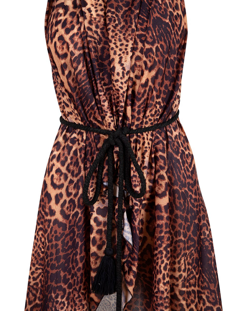 Beli Bağlamalı Kimono Yelek - Leopar Desenli