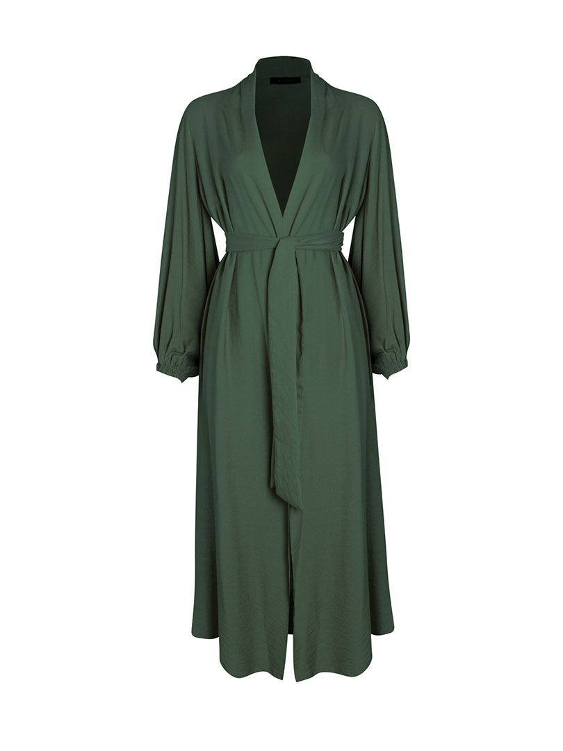 Beli Kuşaklı Kolu Lastikli Viskon Raftan Kimono - Haki
