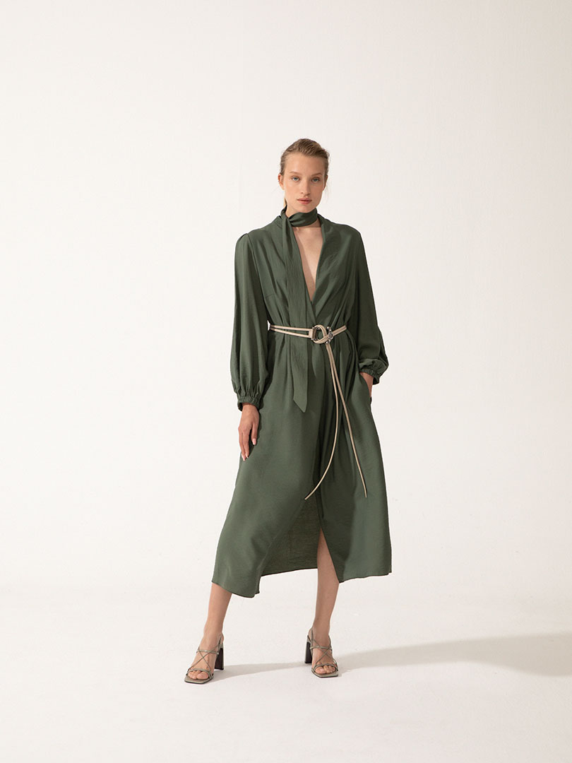 Beli Kuşaklı Kolu Lastikli Viskon Raftan Kimono - Haki