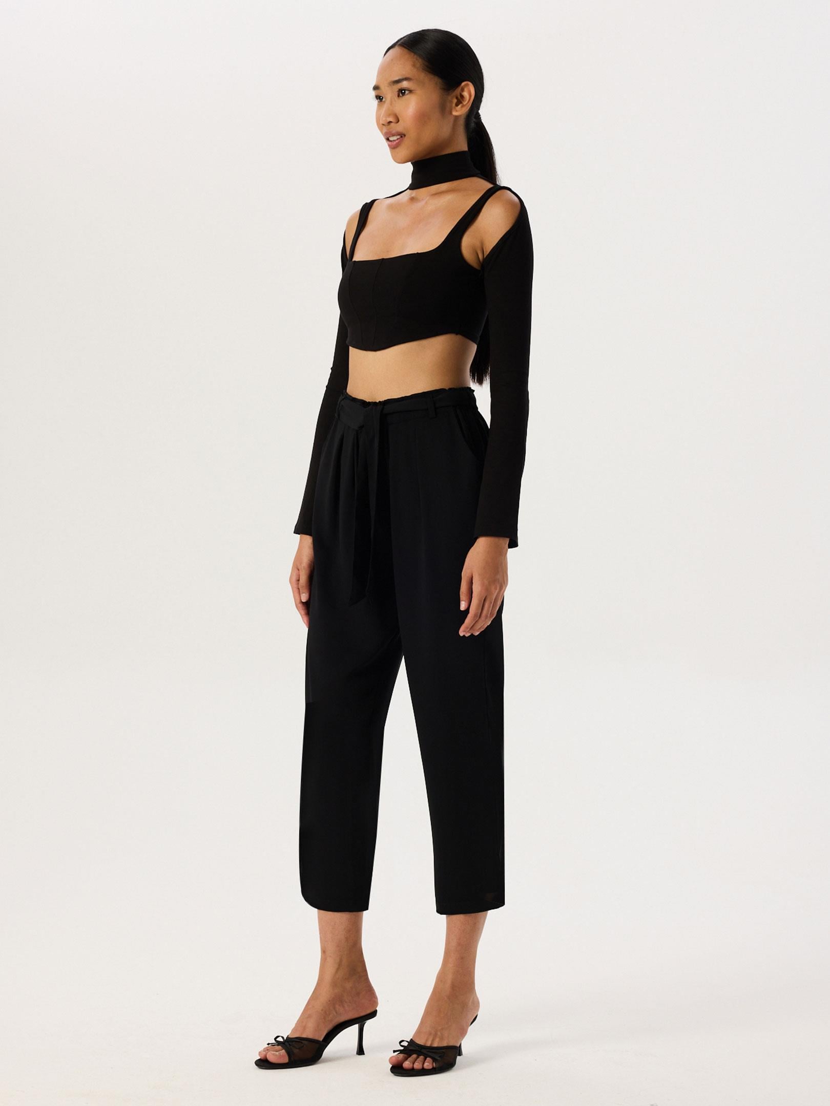 Beli Kuşaklı Krep Pantolon - Siyah Pantolon Modelleri