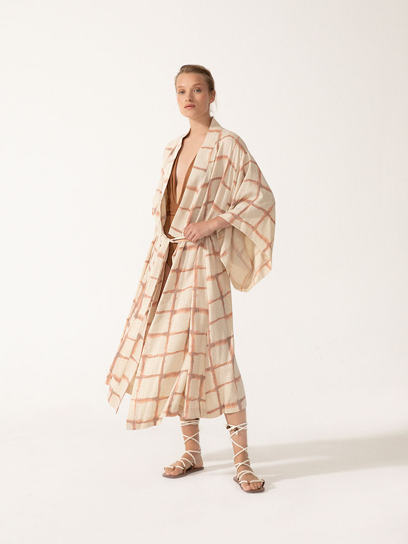 Beli Kuşaklı Midi Kimono - Kiremit